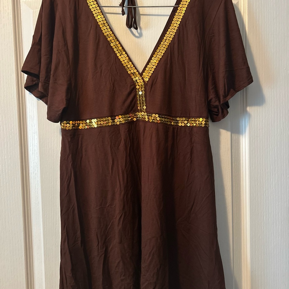 VENUS Brown and Gold Flutter Sleeve Sundress/Coverup NWOT